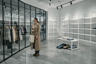 Femme devant des rayons presque vides dans un magasin Zara en cours de fermeture, ambiance de liquidation commerciale dans une enseigne de mode fast fashion