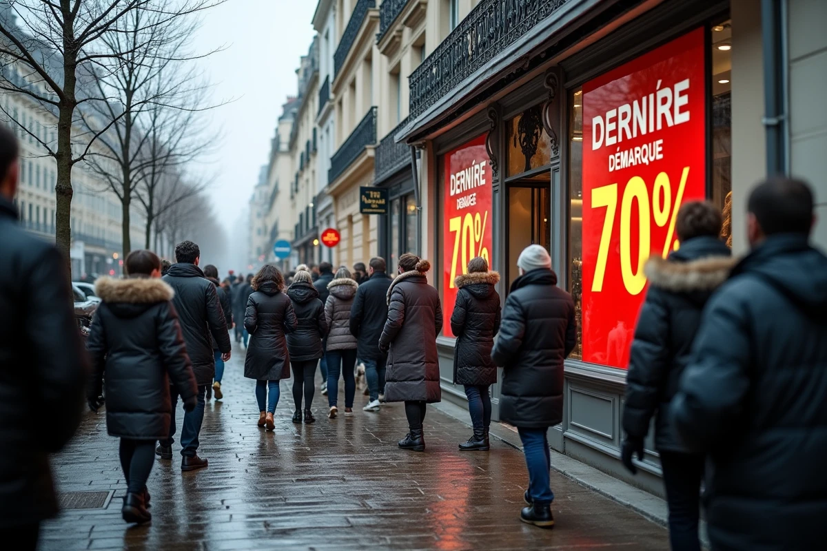 File d'attente de clients devant une boutique affichant les panneaux de dernière démarque des soldes d'hiver en ville