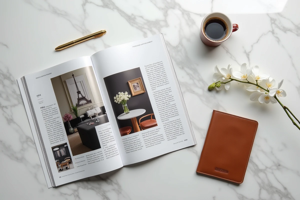 Flat lay élégant avec magazine luxe ouvert, carnet en cuir et espresso sur marbre parisien