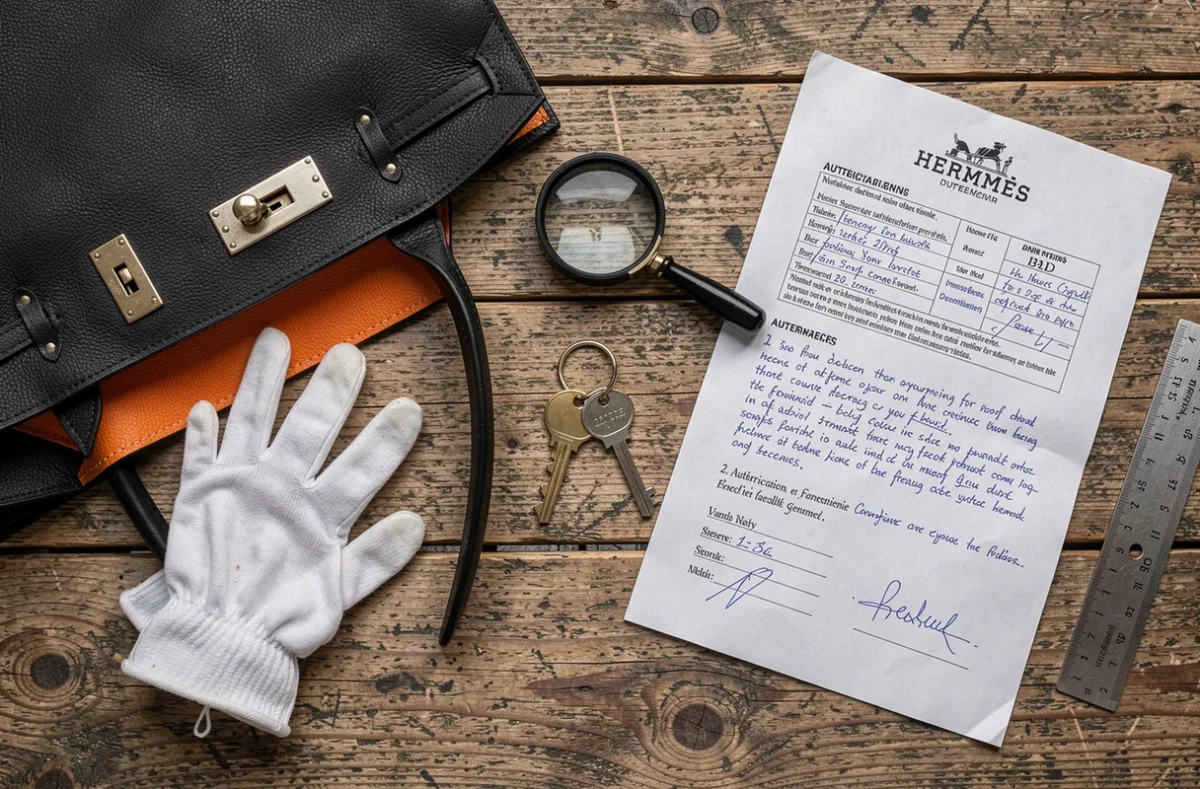 Flat-lay d'authentification d'un Hermès Birkin 30 en box calf noir avec outils de vérification, loupe, gants blancs et guide de référence