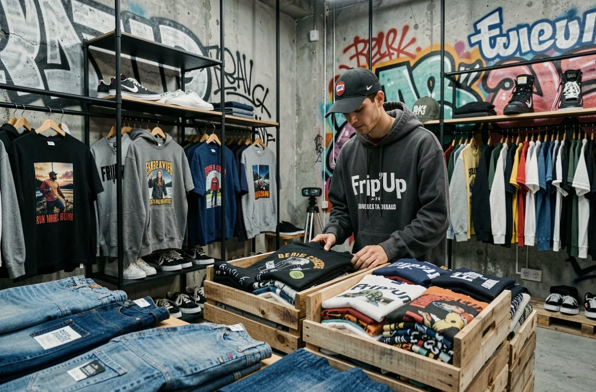 Intérieur de Frip'Up avec des vêtements streetwear vintage et une ambiance urbaine industrielle