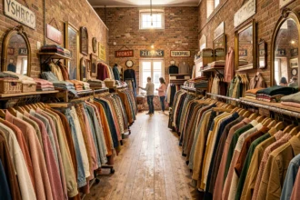 Intérieur d'une friperie des Hauts-de-France avec des portants de vêtements vintage colorés