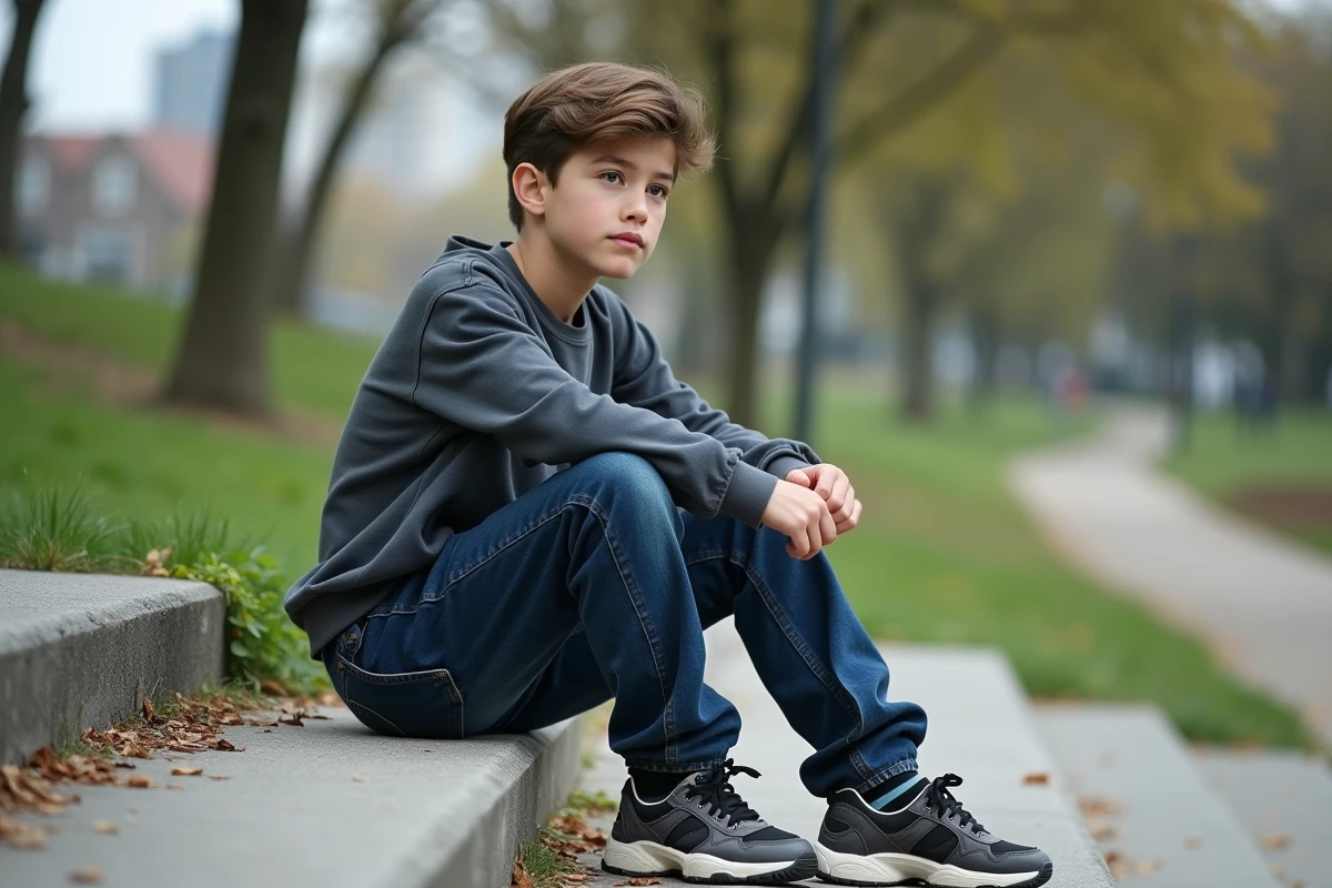 Gar&ccedil;on en jeans et sweat vintage sur les marches du parc