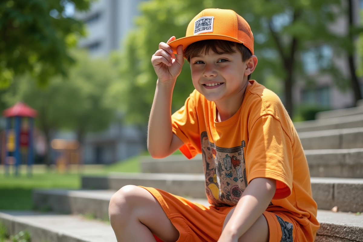 Garçon décontracté portant une casquette dans un parc urbain