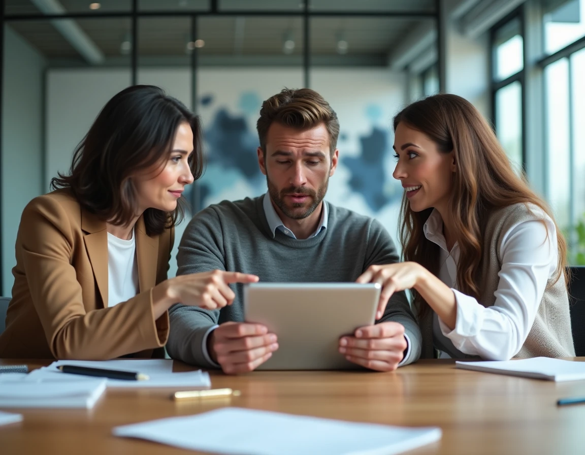 Groupe de collègues discutant et analysant ensemble des rumeurs et des fausses informations sur une tablette en bureau