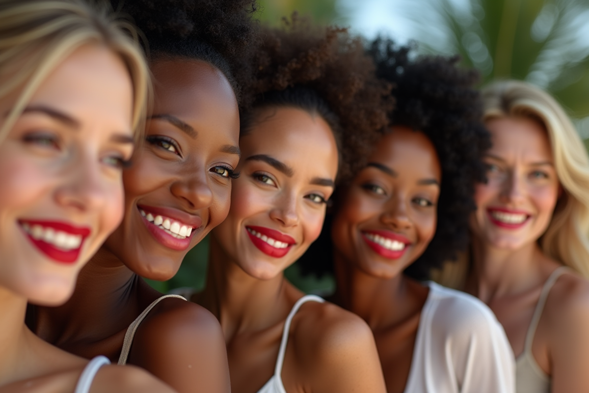 Groupe de femmes souriantes portant rouge à lèvres rouge