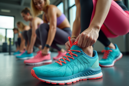 Femmes sportives dans une salle de sport lumineuse avec baskets colorées