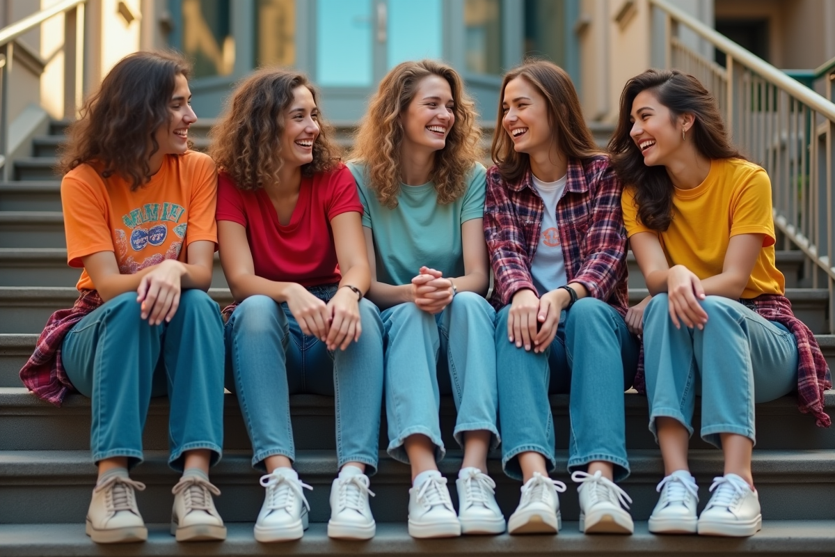 Groupe de jeunes adultes riant sur les escaliers en ville style années 90
