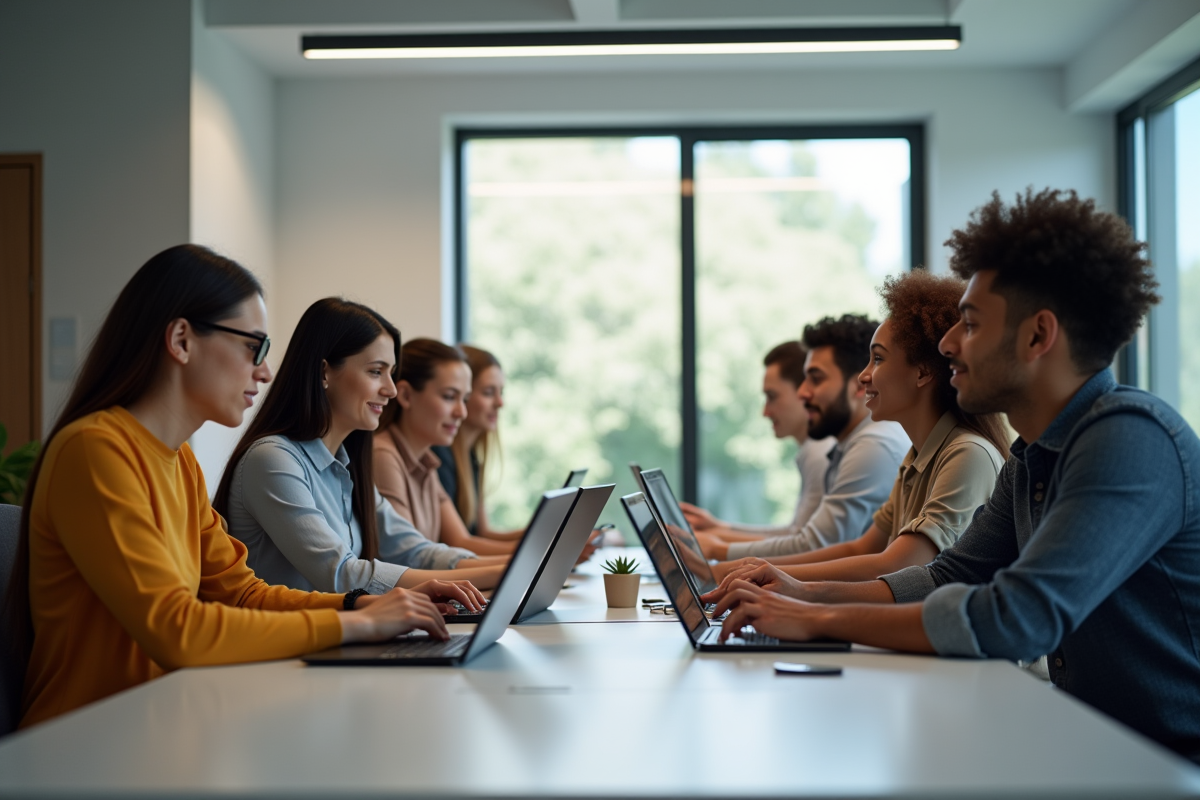 Groupe de jeunes adultes utilisant des appareils numériques au bureau