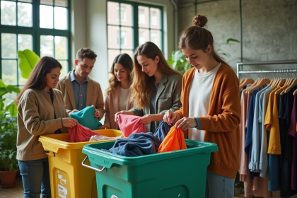 Groupe de jeunes triant des vêtements colorés dans un studio écologique