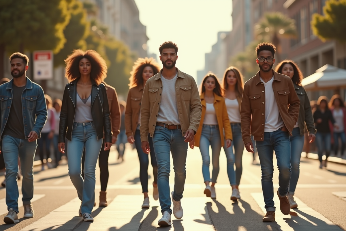 Groupe de jeunes adultes en mode dans une rue urbaine ensoleillee