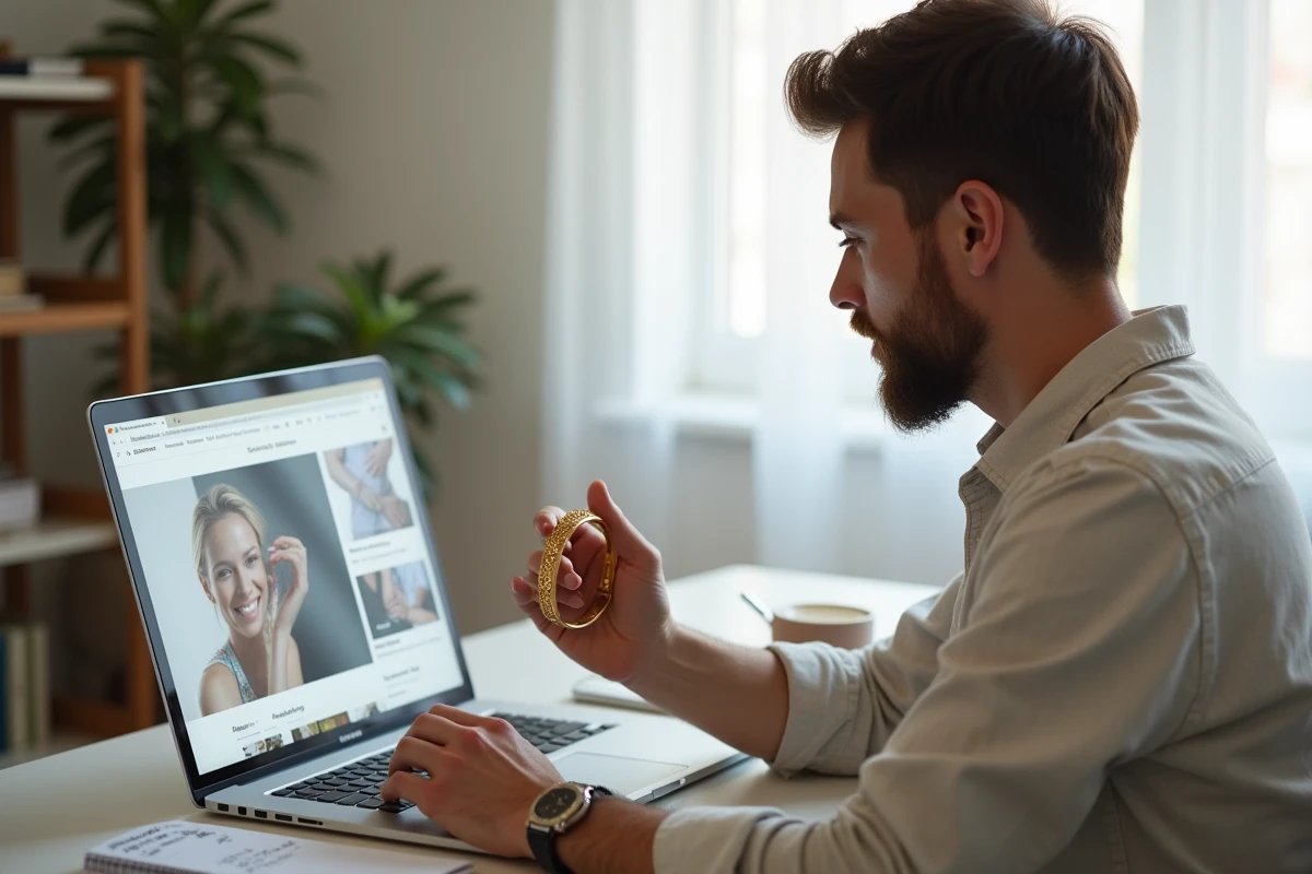Homme comparant les prix de bracelets en or sur internet pour trouver la meilleure période d'achat