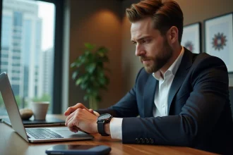 Homme d'affaires en costume regardant sa montre élégante