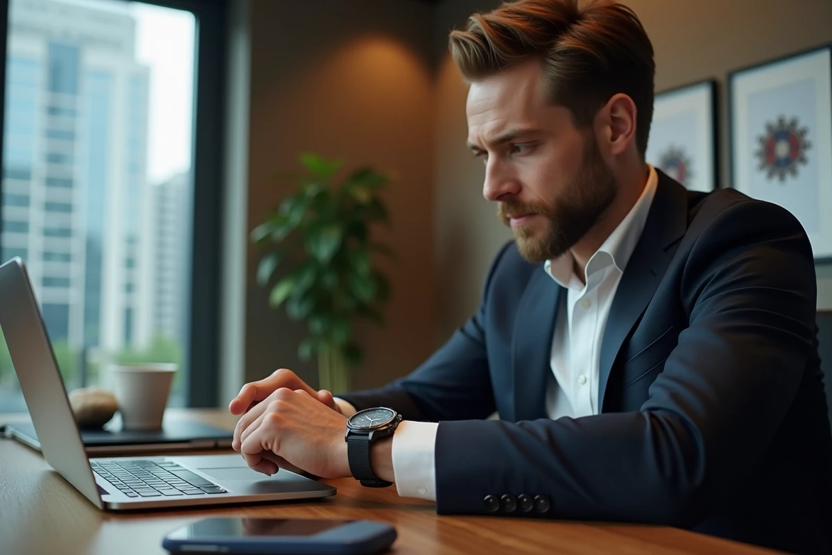 Homme d'affaires en costume regardant sa montre élégante