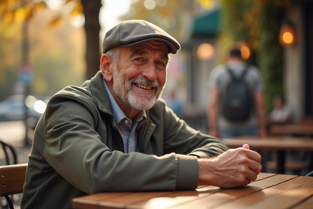 Homme âgé souriant assis à une terrasse de café en matinée