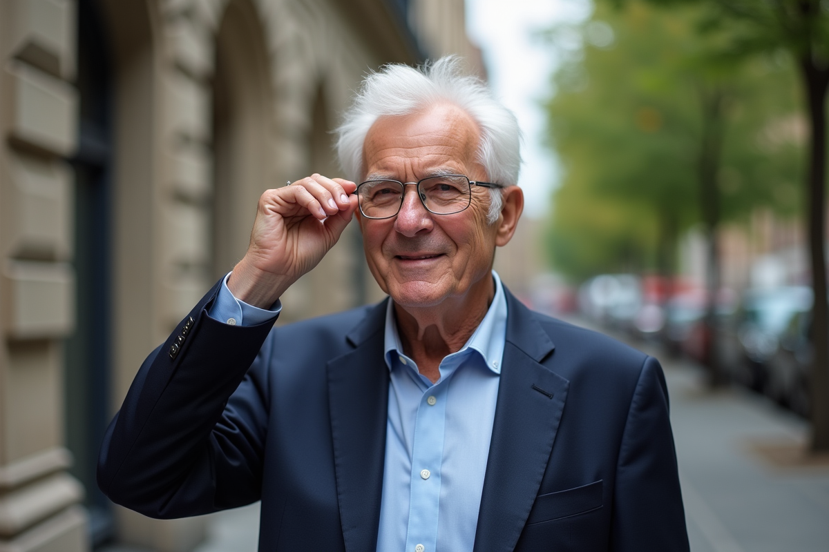 Homme âgé ajustant ses lunettes en ville