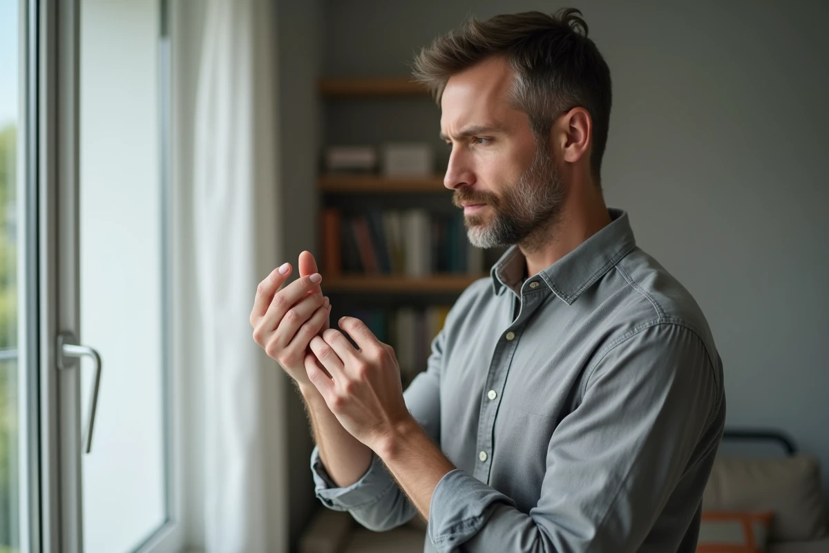 Homme vérifiant si une bague en or est bien ajustée à son doigt