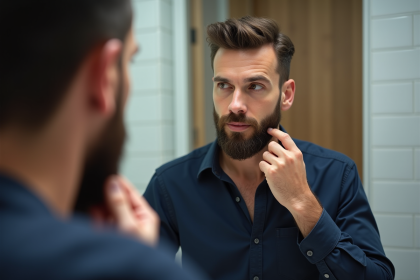 Homme avec barbe soignee dans une salle de bain moderne