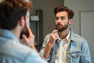 Homme en train de se raser la barbe dans la salle de bain