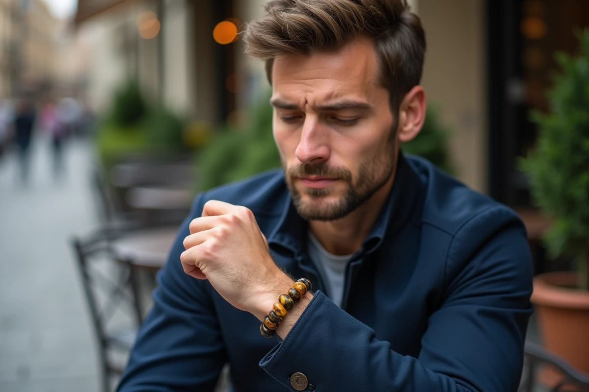 Homme en terrasse de café regardant un bracelet en œil de tigre à son poignet pour en vérifier le rendu