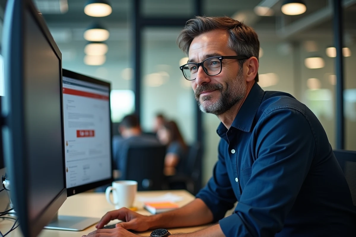 Homme en entreprise analysant une page web suspecte sur son écran d'ordinateur de bureau avec des icônes d'alerte visibles