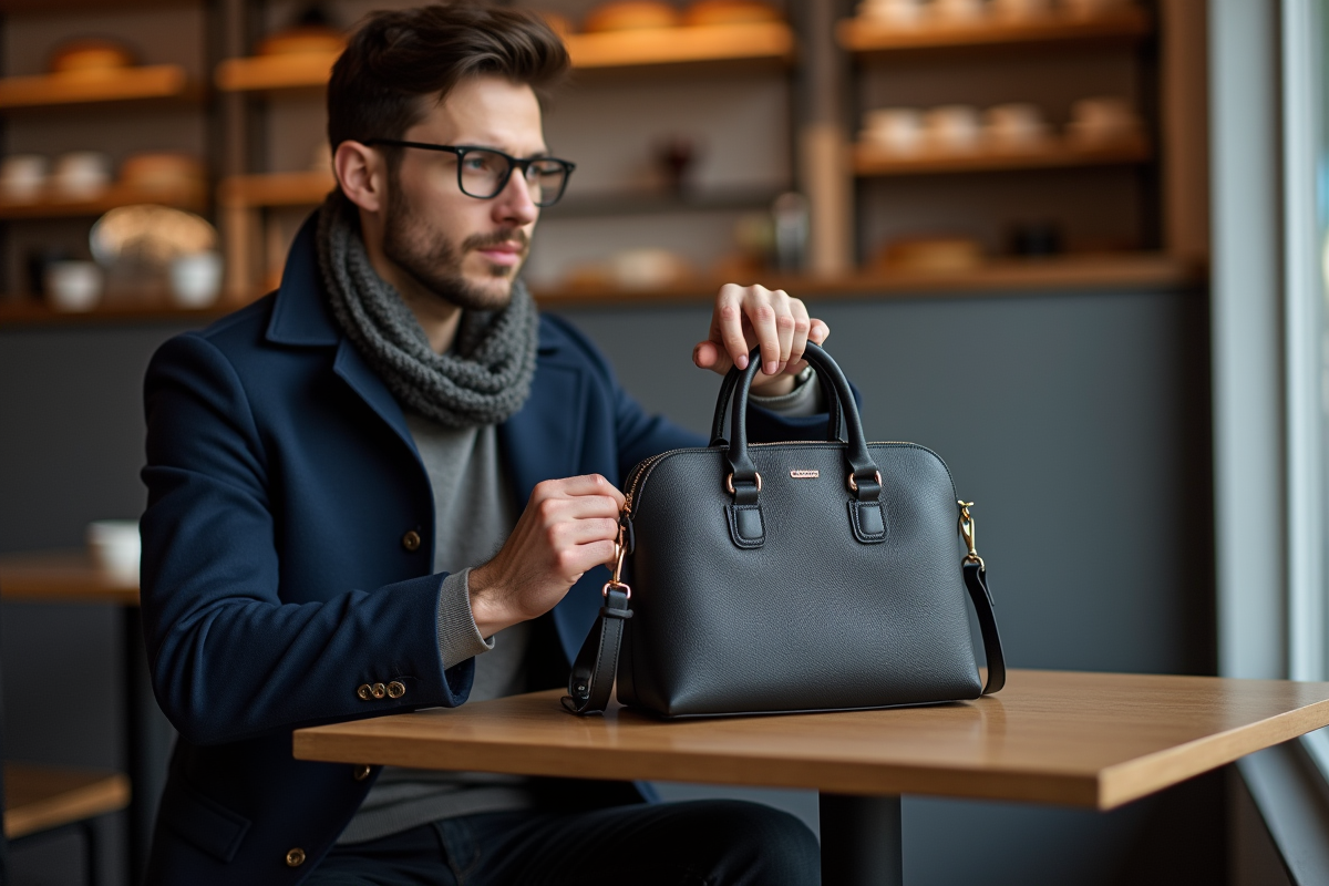 Homme assis au café avec sac à main minimaliste