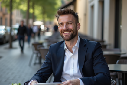Homme en chemise blanche et blazer assis au café