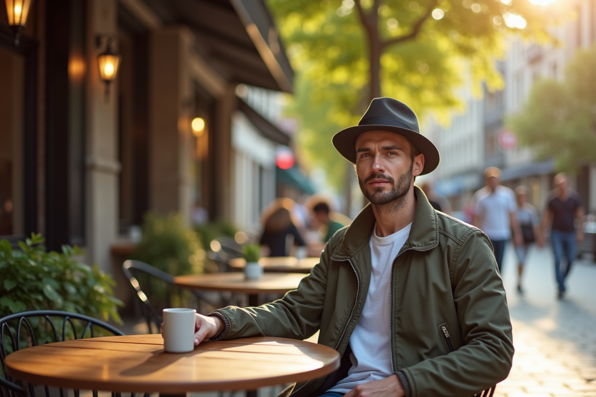 Homme moderne portant un fedora dans un café en ville