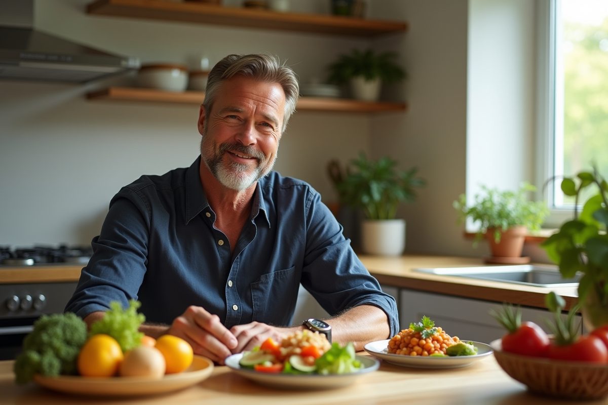 Homme charismatique ressemblant à Brad Pitt dans une cuisine lumineuse avec plats vegan