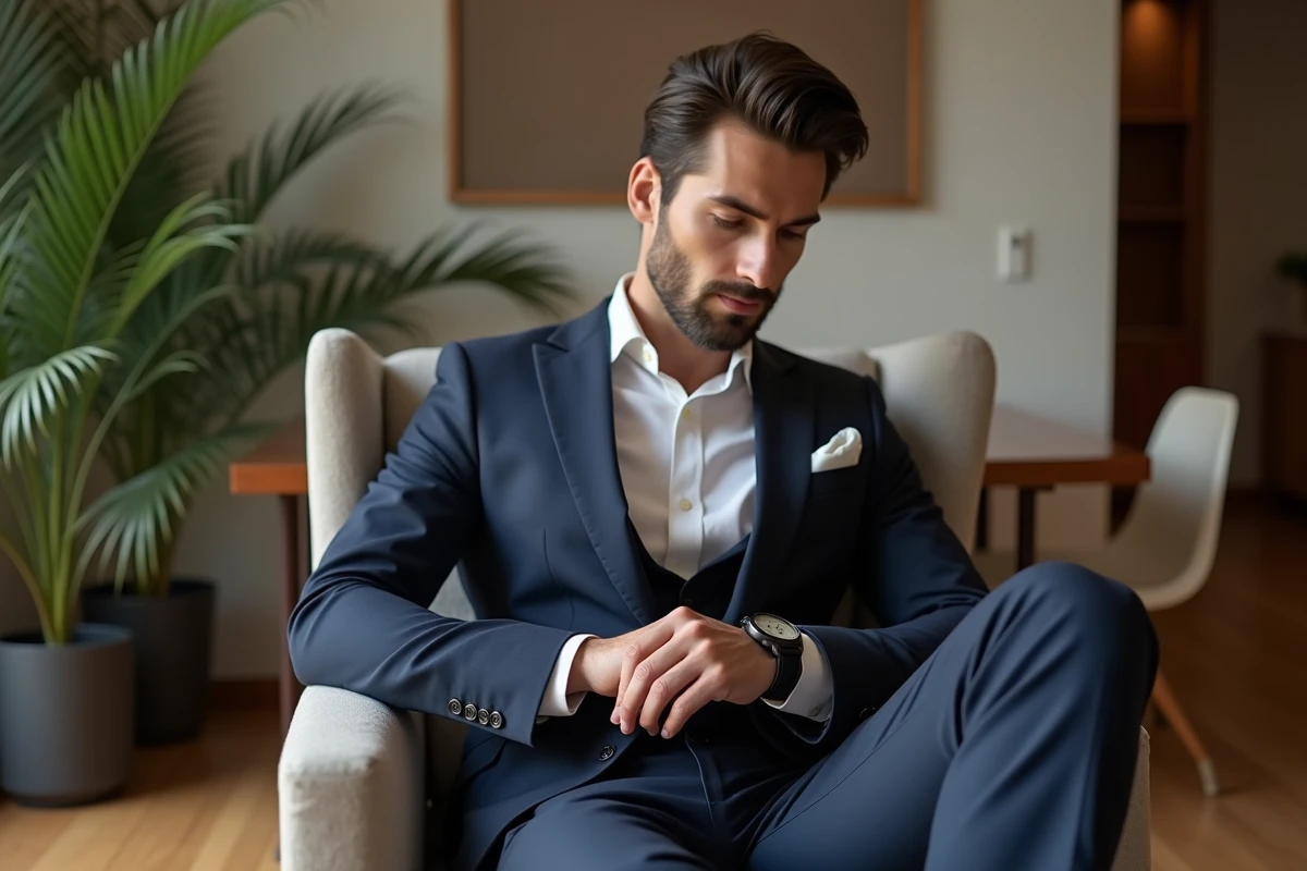 Homme en costume moderne dans un salon cosy