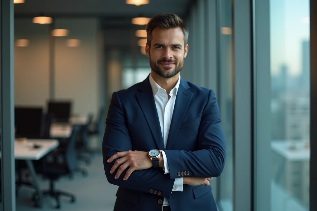 Homme en costume bleu avec montre élégante en bureau moderne