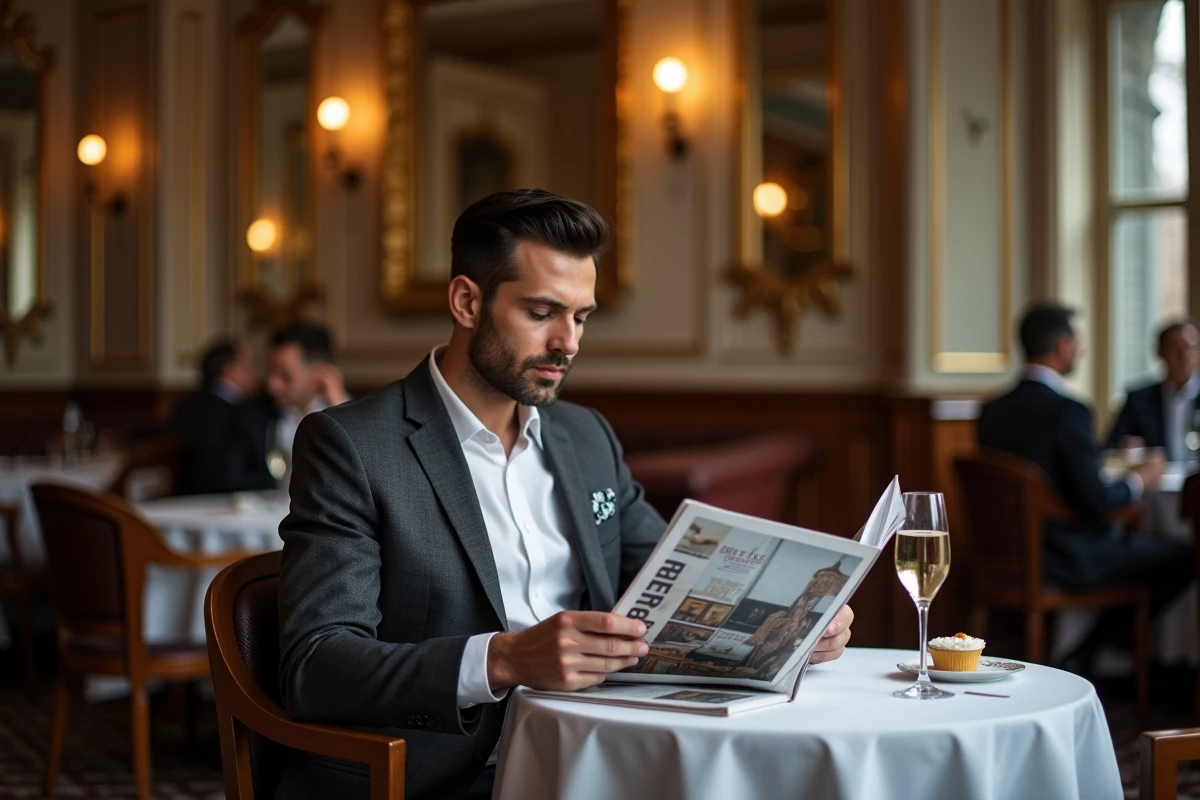 Homme en costume lisant un magazine luxe dans une brasserie parisienne élégante