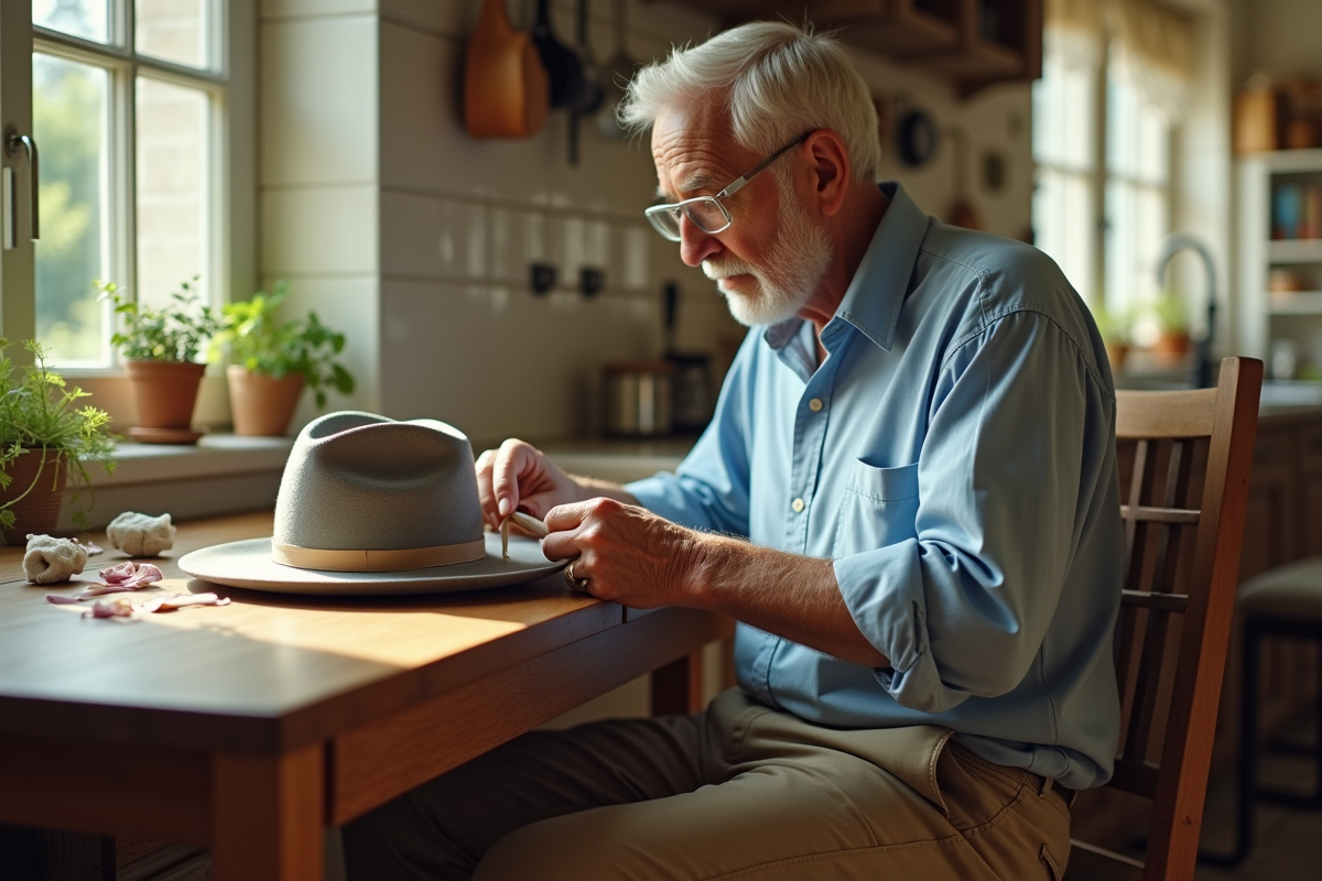 Homme âgé cousant un ruban dans un chapeau en feutre