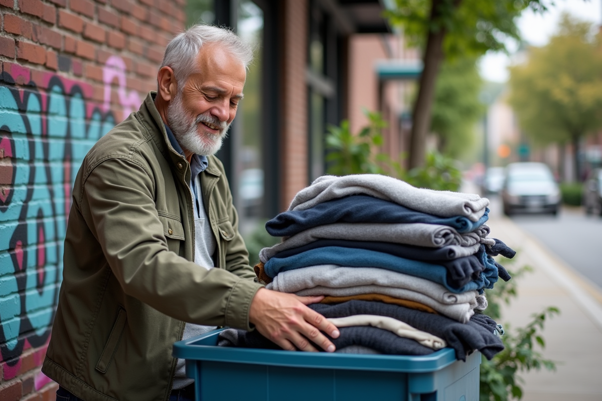 Homme dépose des vêtements dans une benne de don en ville