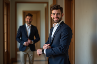 Jeune homme en costume ajusté ajustant sa montre dans un couloir élégant