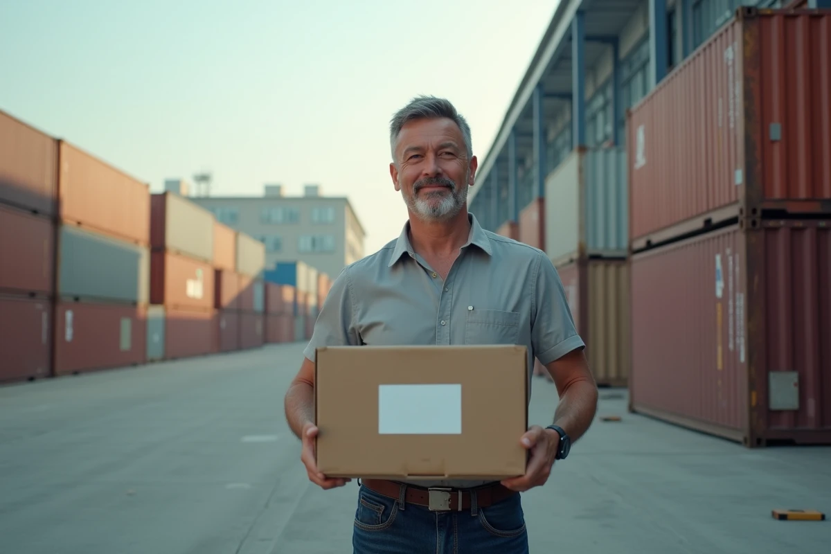 Homme tenant une caisse de vêtements dans un yard industriel