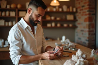 Homme examinant un bracelet en pierre naturelle dans une boutique artisanale avant de l'acheter
