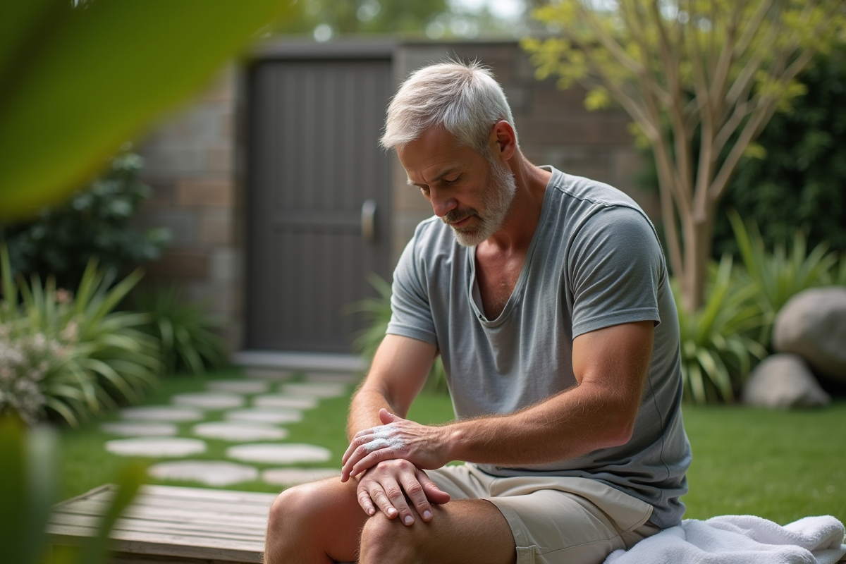 Homme appliquant un gommage au sucre dans un jardin calme et verdoyant