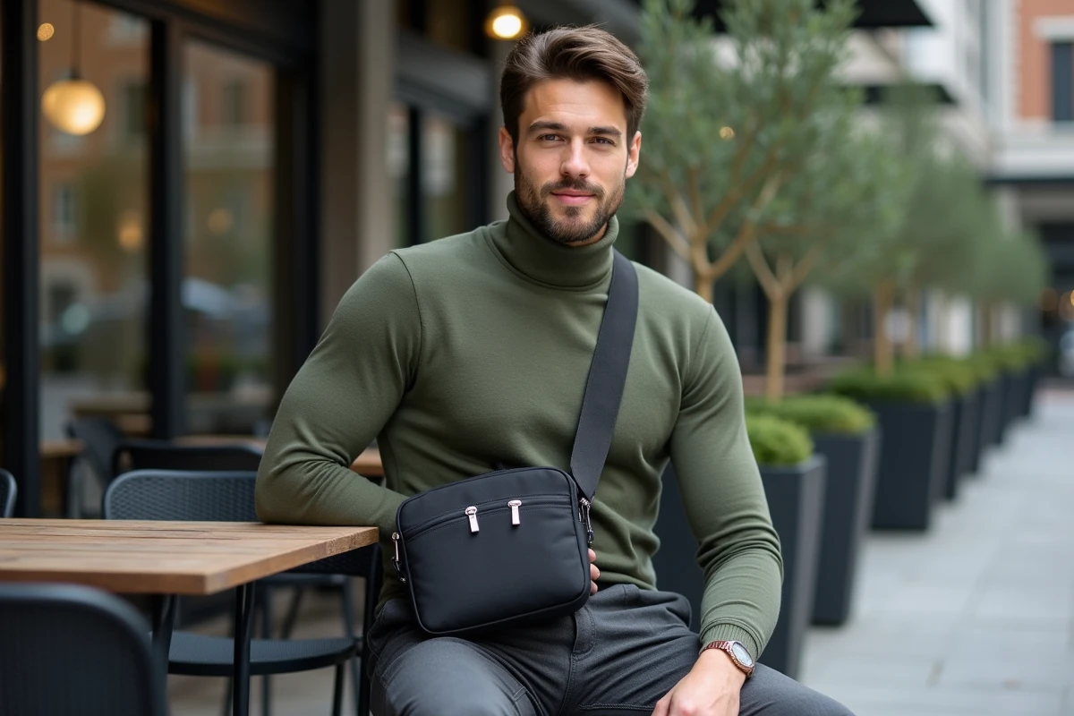 Homme assis en terrasse de café urbain moderne avec une grande sacoche bandoulière noire structurée en tenue chic casual