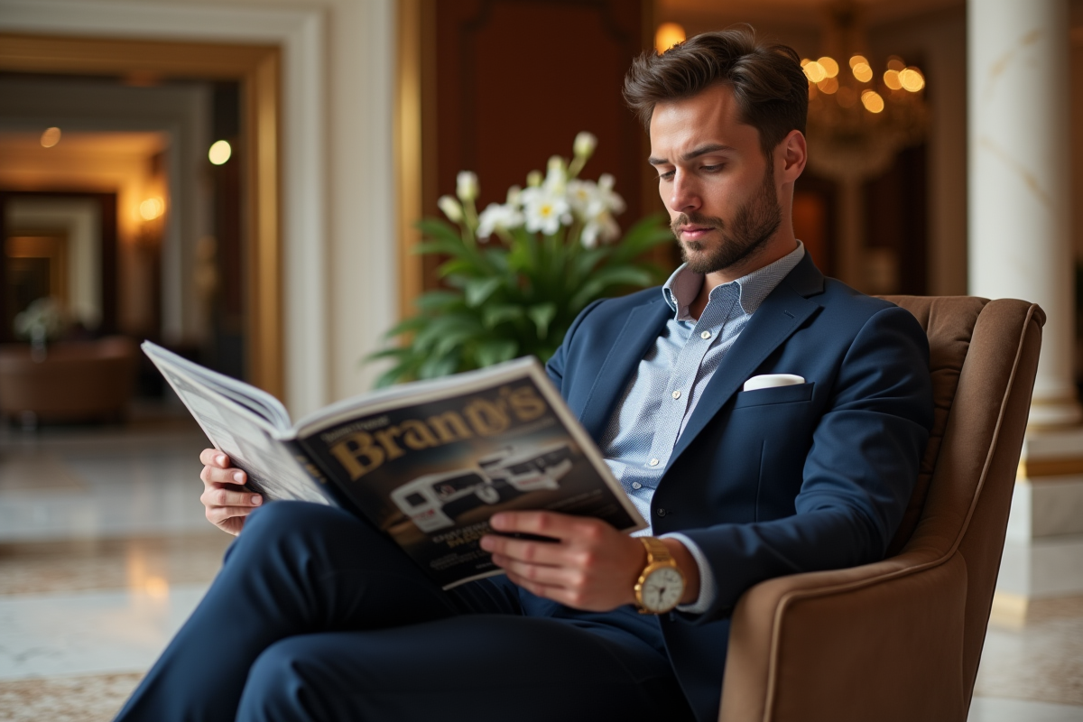 Jeune homme en blazer dans un lobby luxueux lisant un magazine