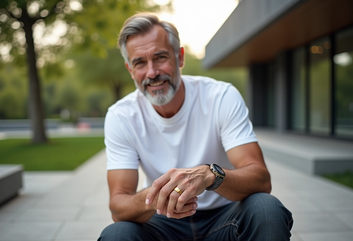 Homme posant une alliance en or sur une terrasse extérieure
