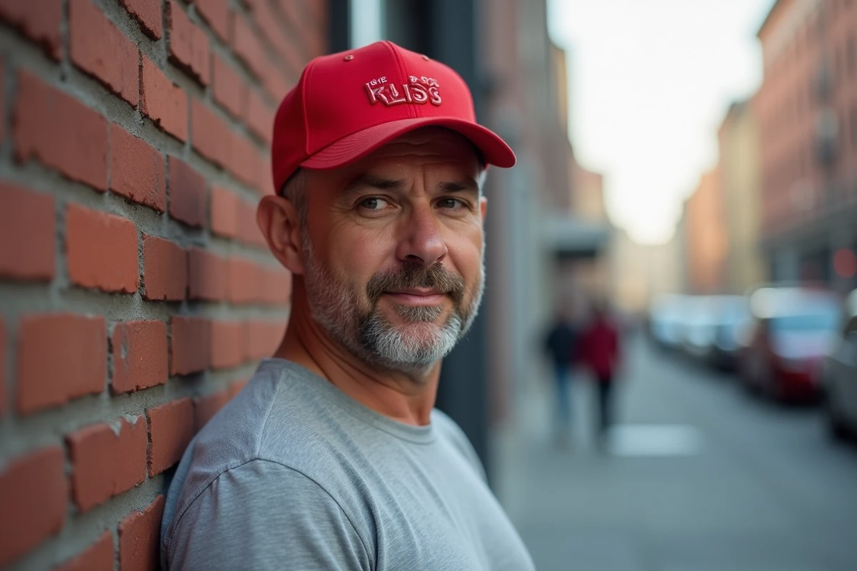 Homme portant une casquette rouge brodée en milieu urbain, illustrant le port d'une casquette Trump achetée en ligne