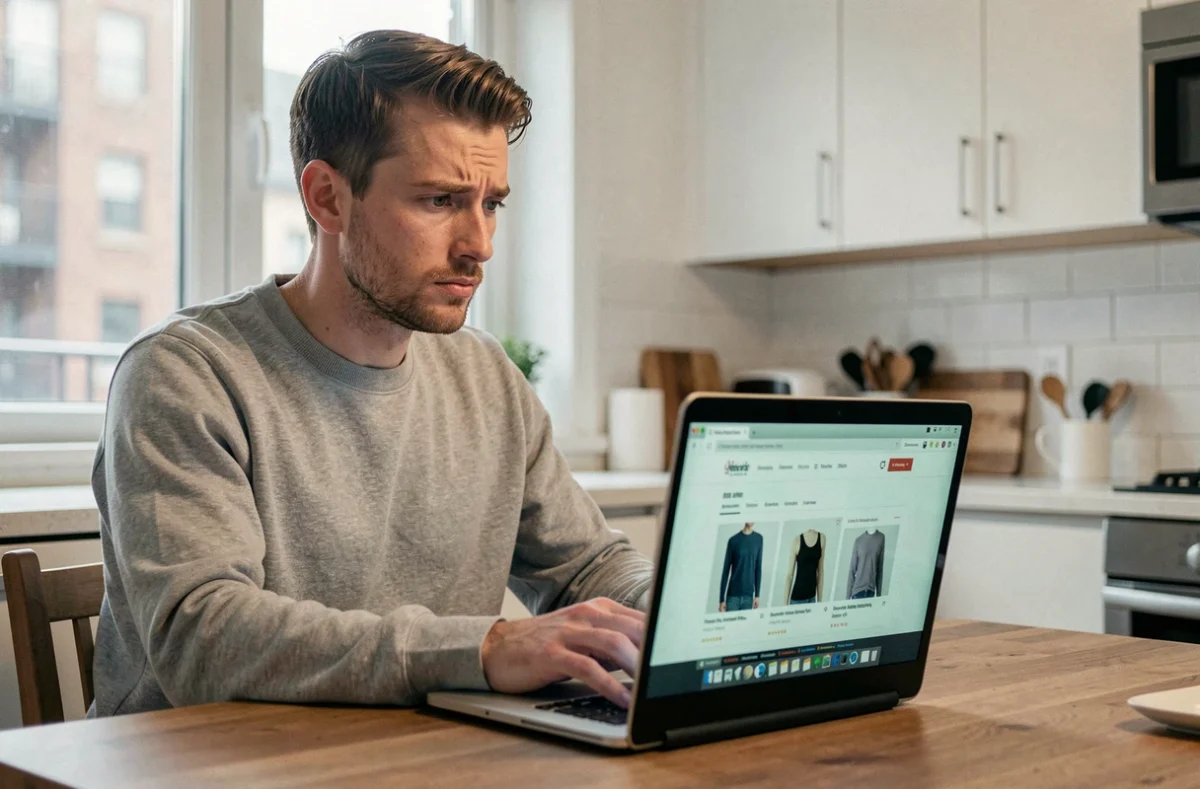 Homme consultatant un site de vente de vêtements en ligne avec une expression perplexe, symbolisant le doute face à une marque comme Sonstiges Clothing