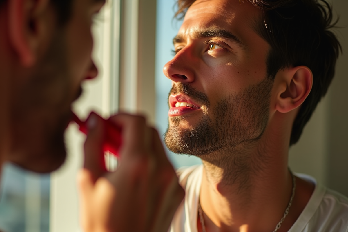 Homme confiant appliquant rouge à lèvres devant un miroir
