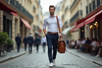 Homme élégant en tenue urbaine chic portant une grande sacoche en cuir tan sur l'épaule dans une rue parisienne pavée