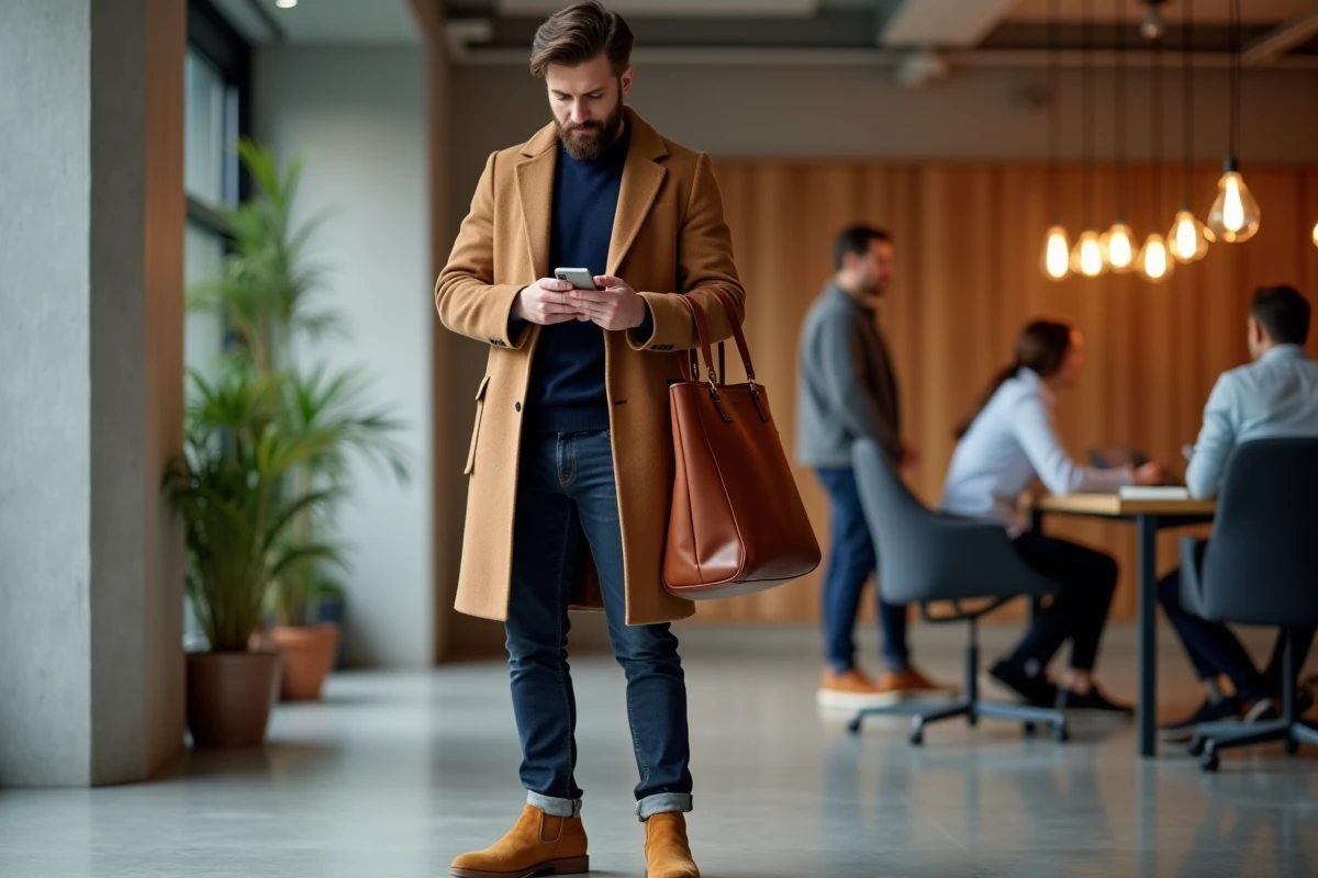 Homme en manteau camel tenant une grande sacoche en cuir marron dans le hall d'un espace de coworking contemporain, look professionnel chic