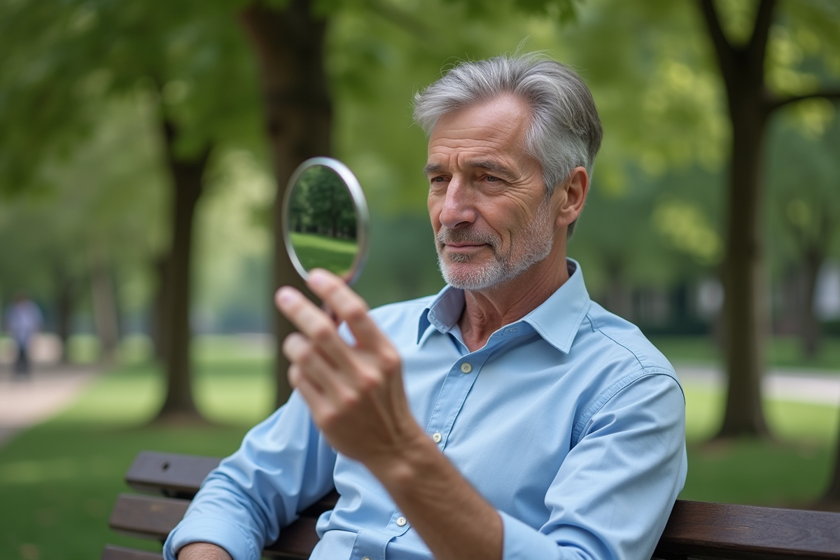 Homme regardant son reflet dans un miroir de poche en plein air