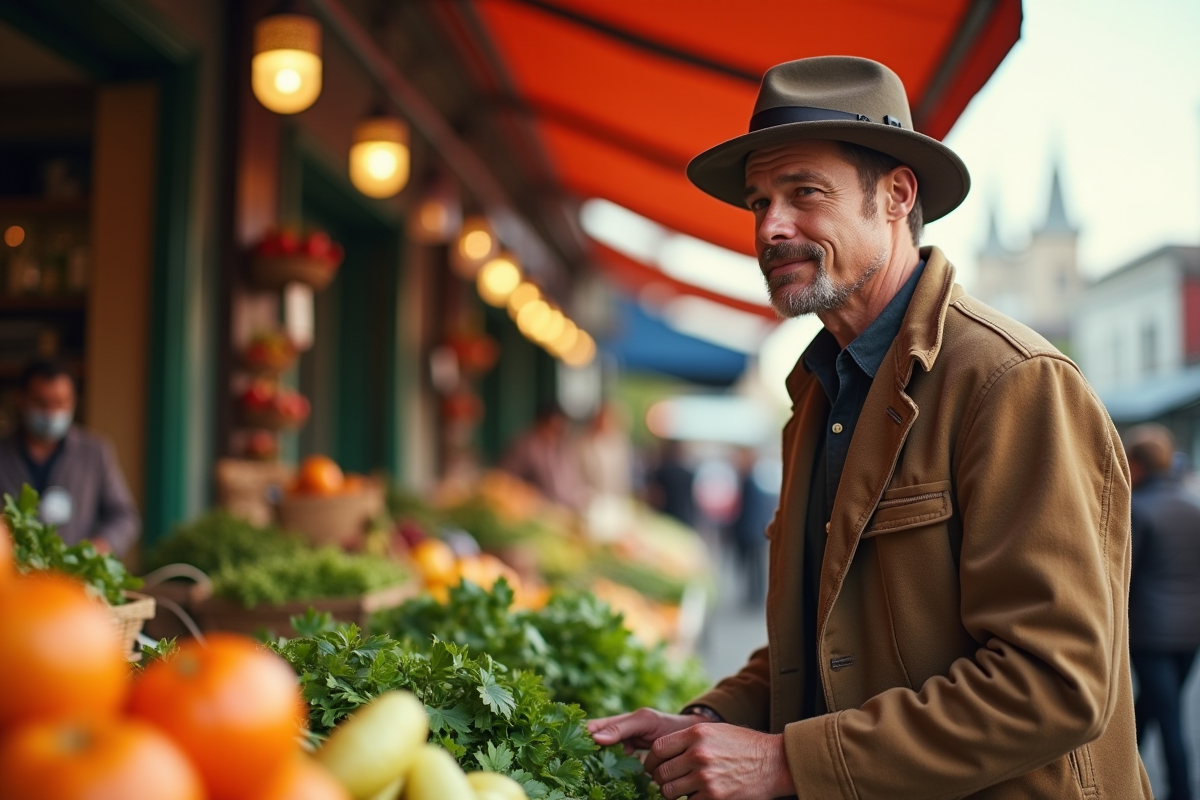 Homme style Brad Pitt achetant des légumes bio au marché en plein jour