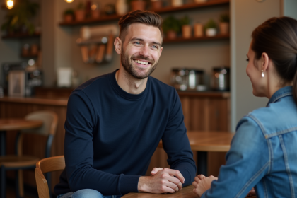 Homme souriant en café dans un intérieur chaleureux