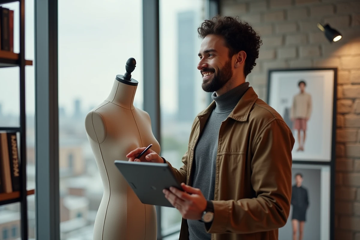 Homme ajustant un vêtement 3D dans un studio créatif